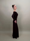 Side view of the Helena Dress featuring an elegant off-shoulder design